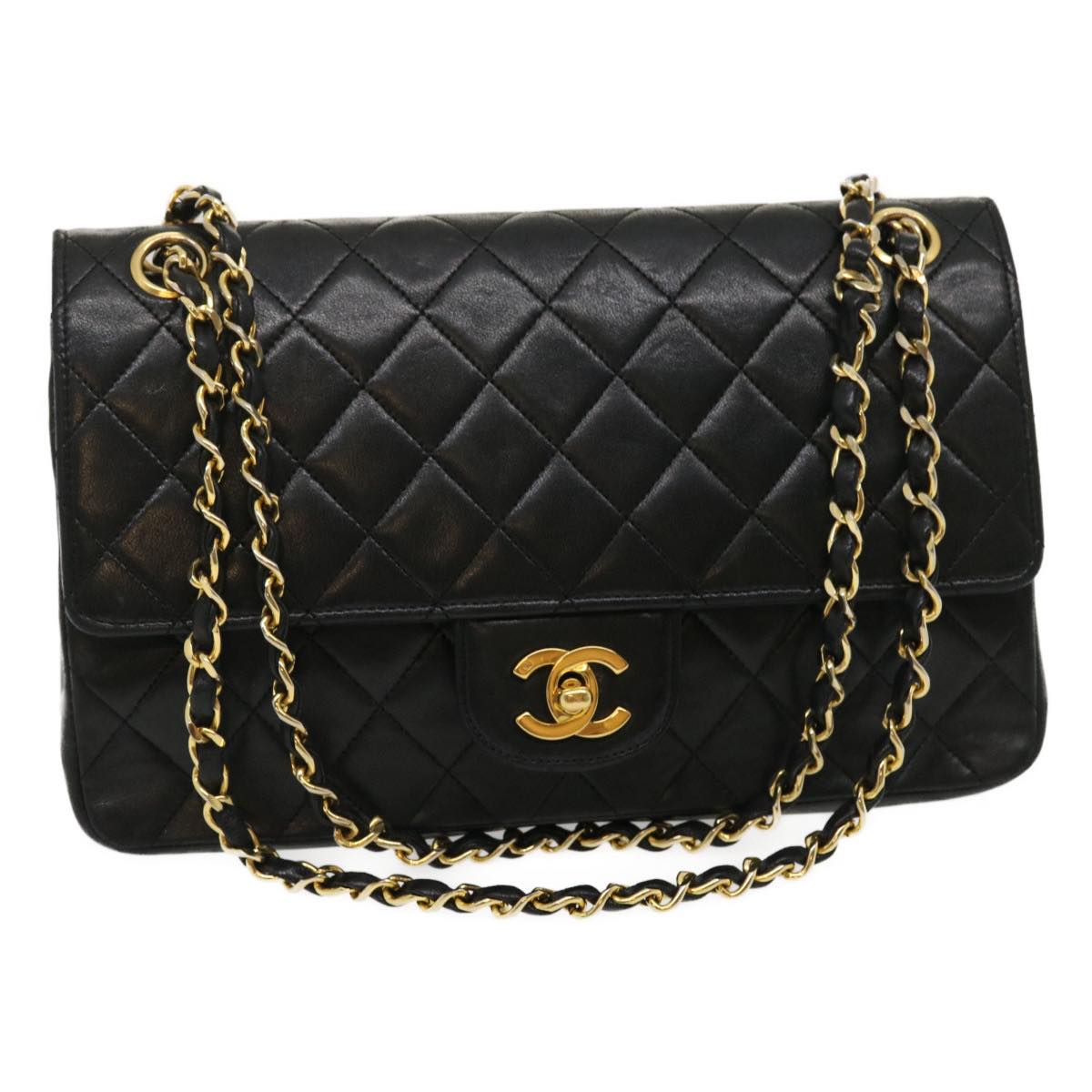 CHANEL Matelasse25 Chain Double Flap Shoulder Bag Lamb Skin Black CC  lt425A
