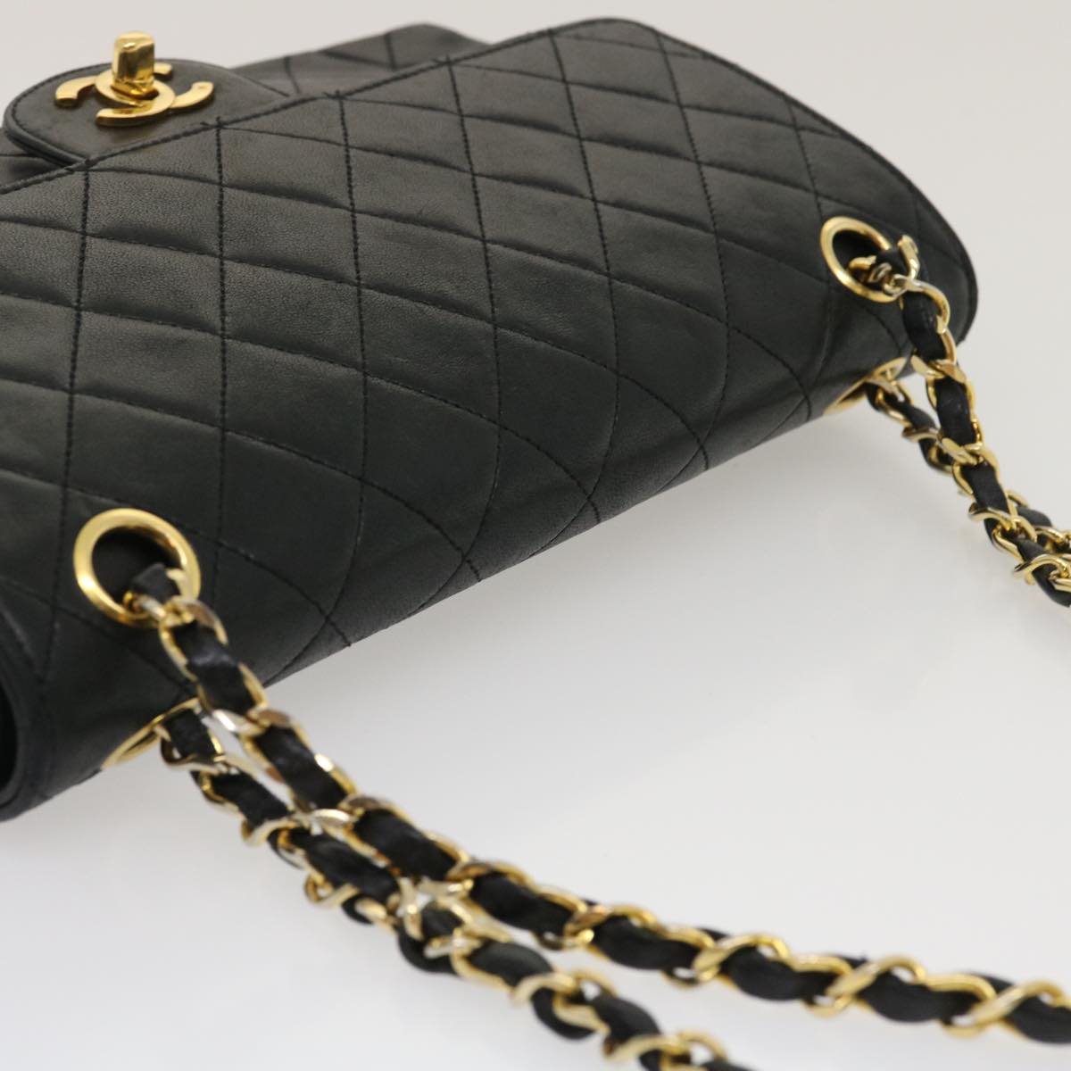 CHANEL Matelasse25 Chain Double Flap Shoulder Bag Lamb Skin Black CC  lt425A