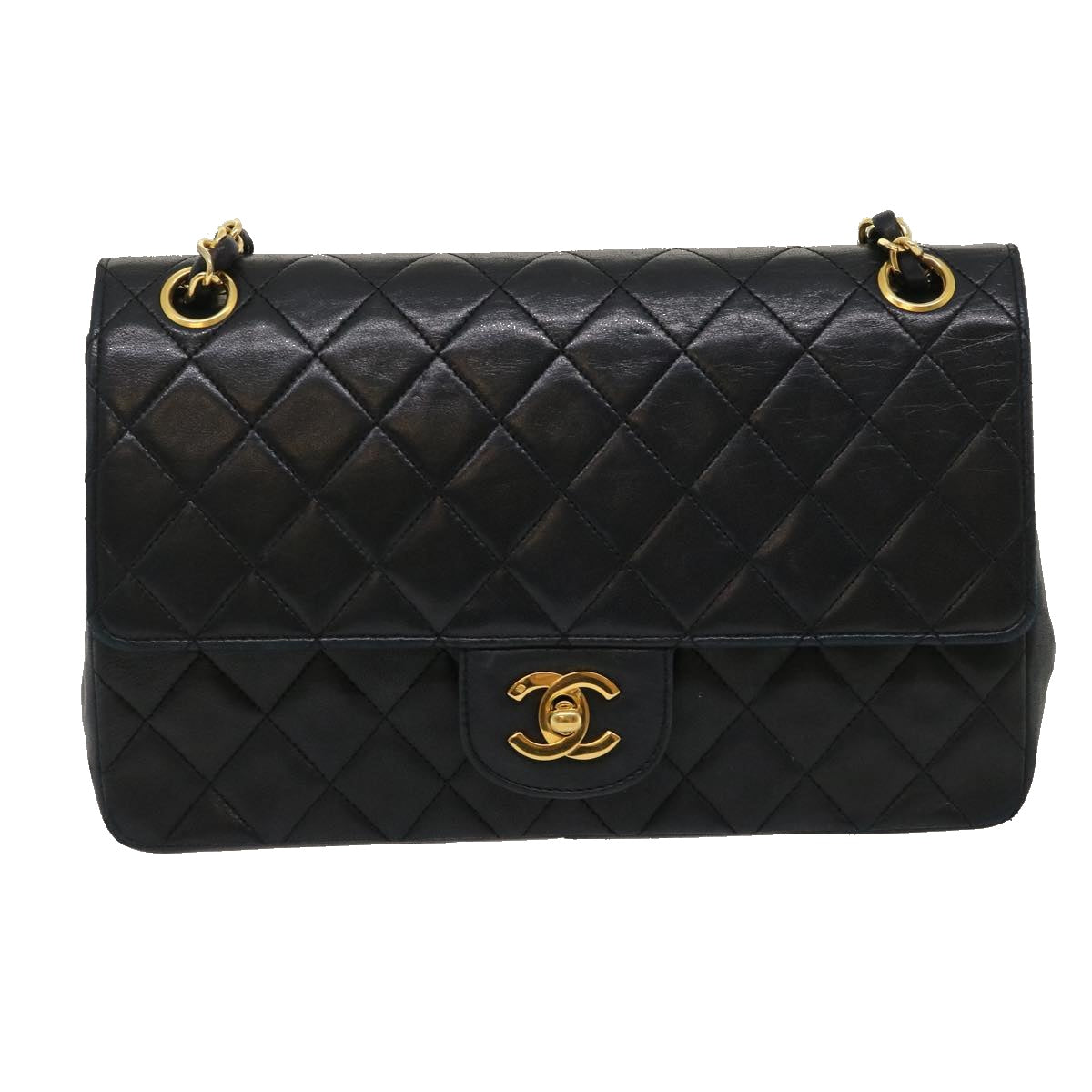 CHANEL Matelasse25 Double Chain Flap Shoulder Bag Lamb Skin Black CC  lt482A