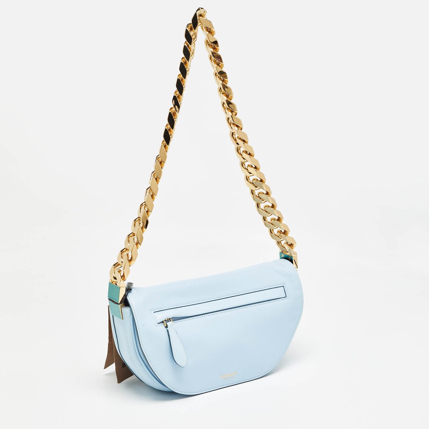 Luxury Burberry Pale Blue Leather Small Olympia Chain Shoulder Bag
