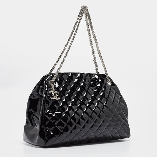 CHANEL Black Quilted Patent Leather Large Just Mademoiselle Bowler Bag