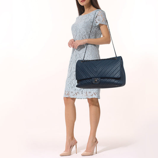 CHANEL Blue Chevron Leather XXL Travel Flap Bag