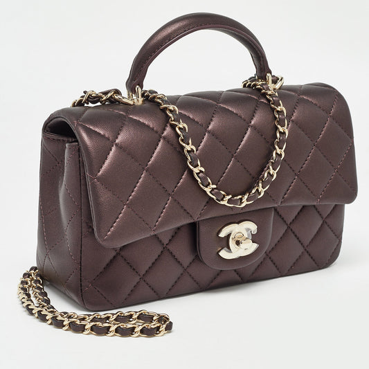 CHANEL Burgundy Iridescent Quilted Leather Mini Rectangular Flap Top Handle Bag