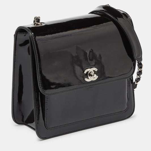 CHANEL Black Patent Leather Vintage CC Square Flap Bag