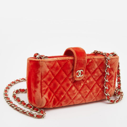 Luxury Chanel Orange Quilted Velvet CC Mini Phone Holder Clutch