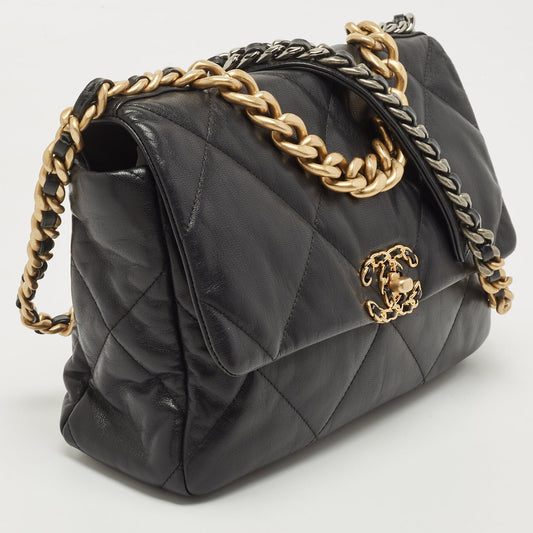 CHANEL Black Quilted Leather CC Chain Link 19 Flap Bag