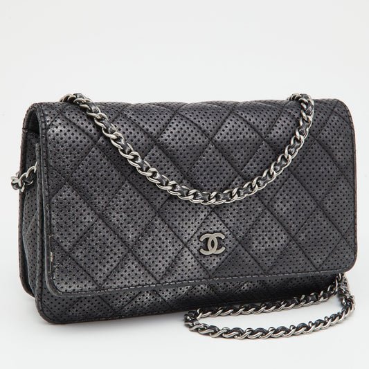 Luxury Chanel Black/Silver Quilted Perforated Leather Classic Wallet on Chain