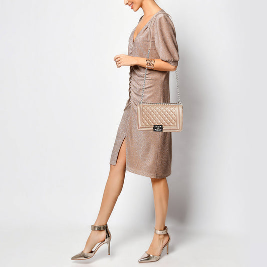 CHANEL Metallic Beige Quilted Leather Medium Boy Flap Bag