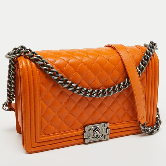 CHANEL Orange Quilted Leather New Medium Boy Bag