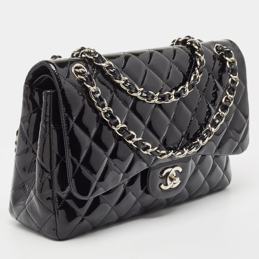 CHANEL Black Quilted Patent Leather Jumbo Classic Double Flap Bag