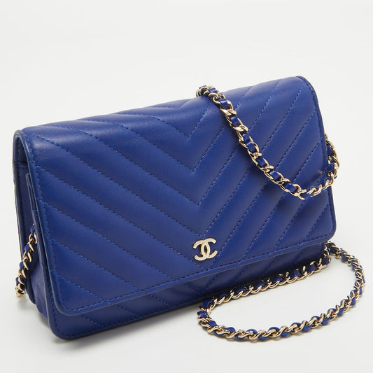 CHANEL Blue Chevron Leather Classic Wallet on Chain