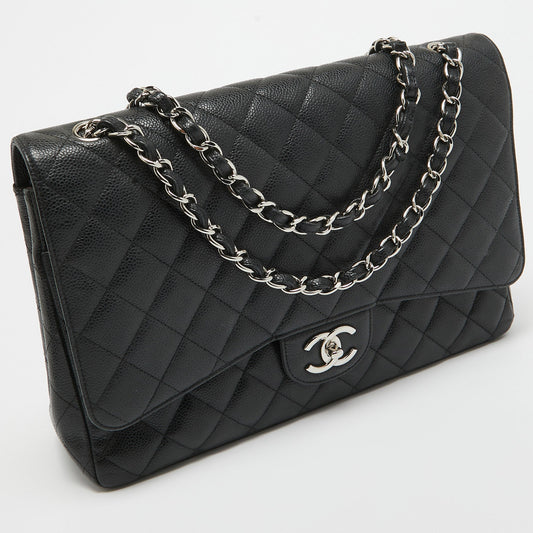CHANEL Black Quilted Caviar Leather Maxi Classic Double Flap Bag