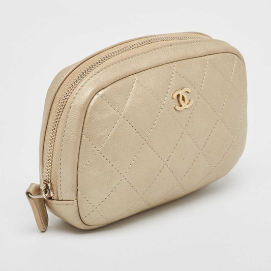 CHANEL Beige Quilted Leather Cosmetic Pouch