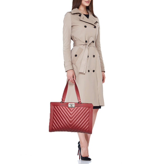 CHANEL Red Chevron Quilted Leather Large Boy Shopper Tote