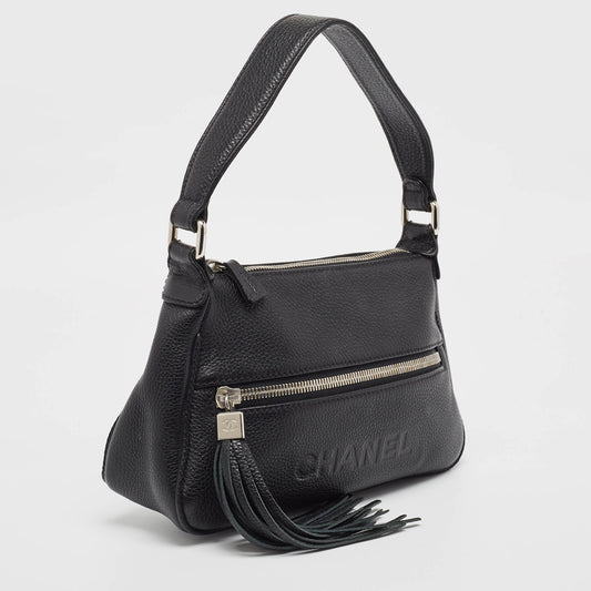 CHANEL Black Leather Lax Front Zip Bag