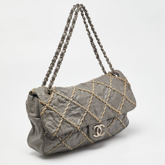 CHANEL Grey Quilted Crinkled Leather Ultra Stitch Classic Flap Bag