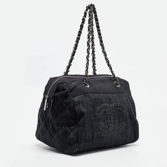 CHANEL Dark Blue Quilted Denim Bowler Bag
