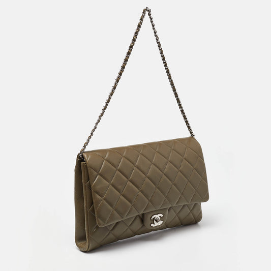 CHANEL Olive Green Quilted Leather Chain Flap Bag