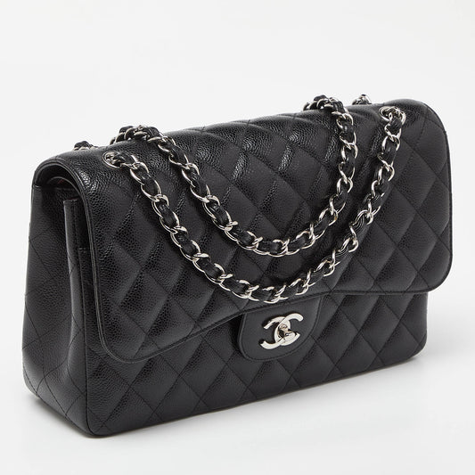 CHANEL Black Caviar Quilted Leather Jumbo Classic Double Flap Bag