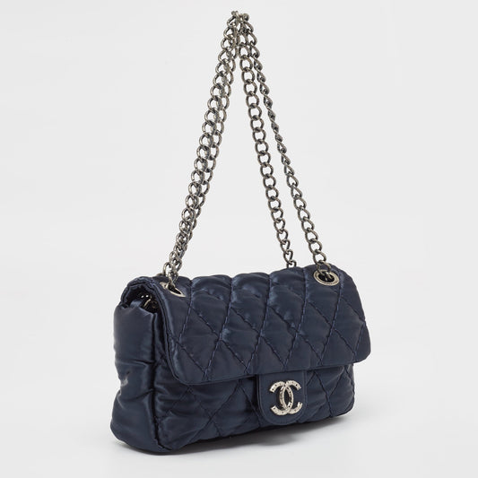 CHANEL Navy Blue Quilted Satin Medium Classic Single Flap Bag