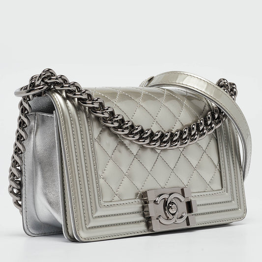 CHANEL Grey Quilted Patent Leather Small Boy Flap Bag