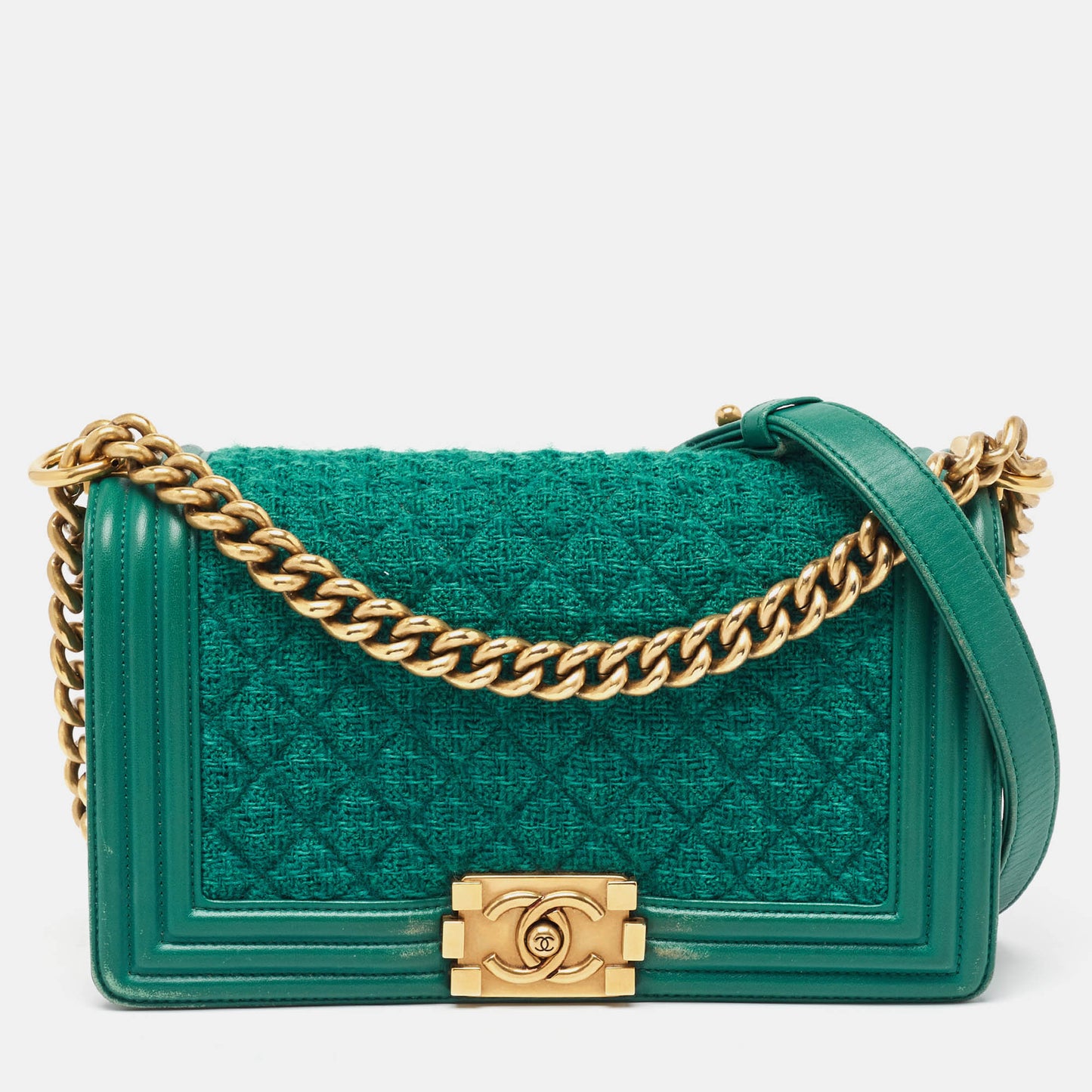 CHANEL Green Quilted Tweed and Leather Medium Boy Flap Bag