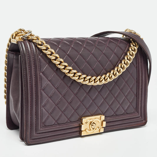 CHANEL Plum Quilted Leather New Medium Boy Shoulder Bag