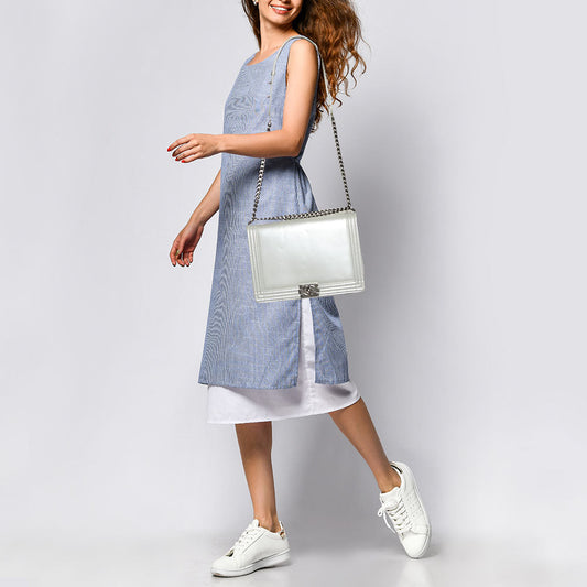 CHANEL Grey Patent Leather Large Reverso Boy Flap Bag