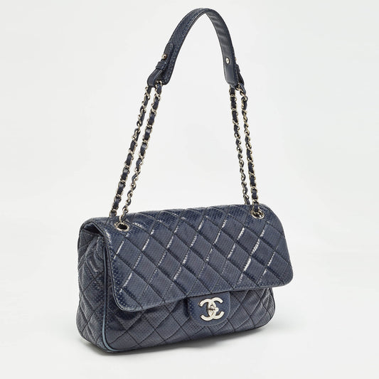 CHANEL Navy Blue Perforated Leather Punch Flap Bag