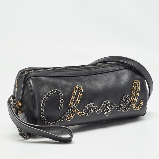 CHANEL  Black Leather Chain Signature Bowler Bag