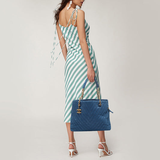 CHANEL Blue Iridescent Chevron Leather CC Charm Chain Bag