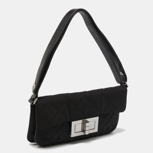 CHANEL Black Nylon and Leather Giant Reissue Flap Shoulder Bag
