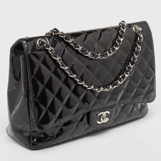 CHANEL Black Quilted Patent Leather Maxi Classic Single Flap Bag