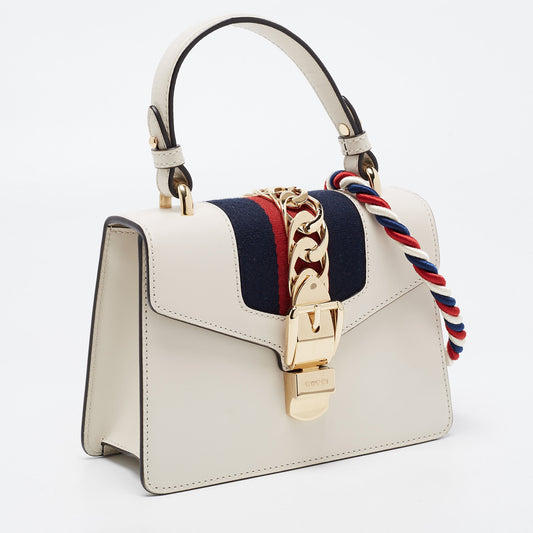 Luxury Gucci Off White Leather Mini Web Sylvie Top Handle Bag