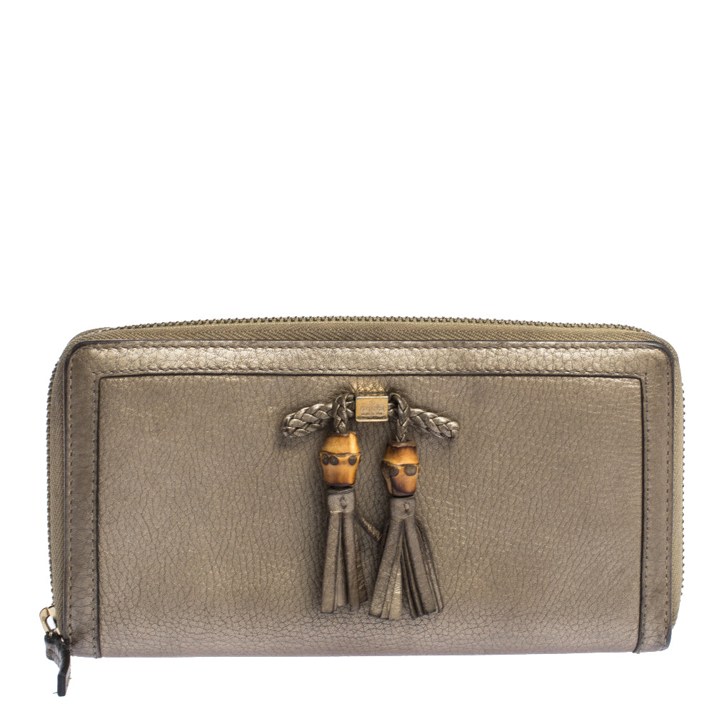 Luxury Gucci Gold Leather Bamboo Tassel Bow Zip Around Wallet