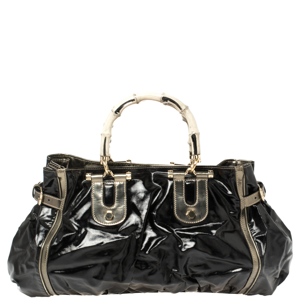 Luxury Gucci Black Coated Canvas and Leather Dialux Pop Bamboo Satchel