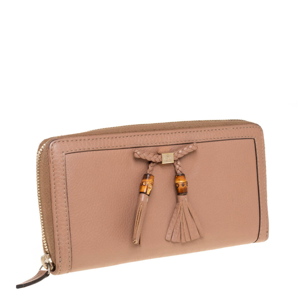 Luxury Gucci Beige Leather Bamboo Tassel Bow Zip Around Wallet