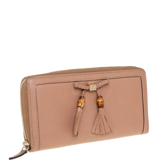 Luxury Gucci Beige Leather Bamboo Tassel Bow Zip Around Wallet