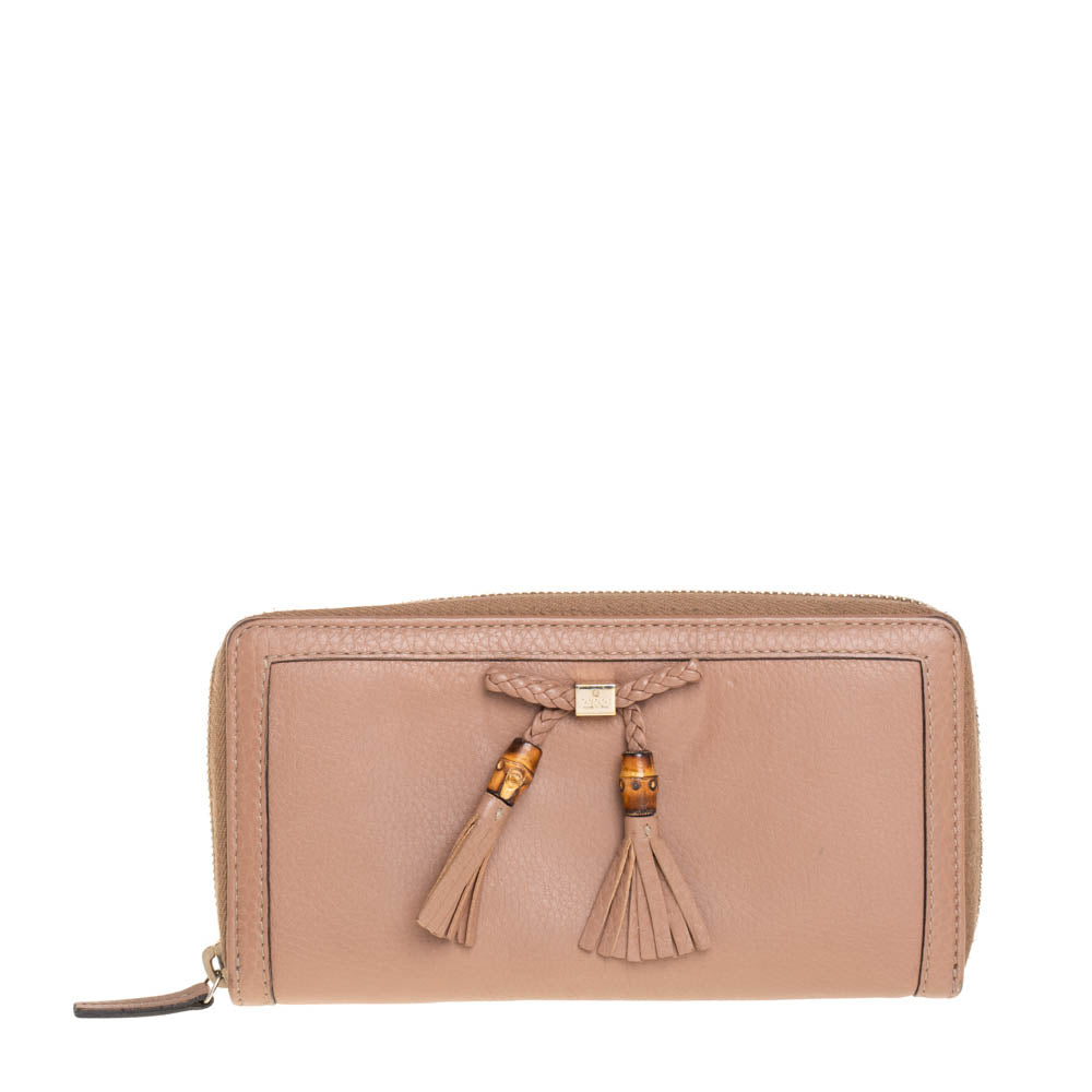 Luxury Gucci Beige Leather Bamboo Tassel Bow Zip Around Wallet