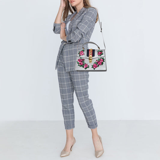 Luxury Gucci Grey Floral Sequins Patch Leather Medium Sylvie Top Handle Bag