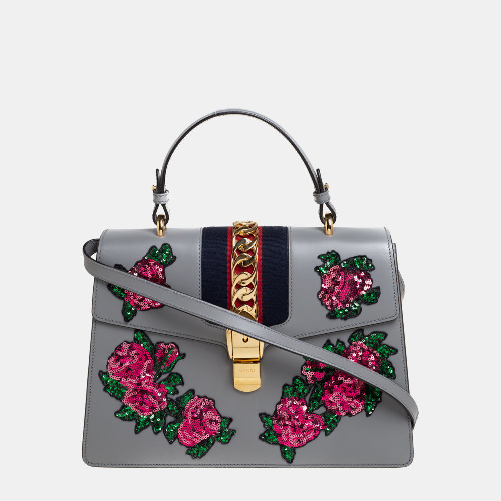 Luxury Gucci Grey Floral Sequins Patch Leather Medium Sylvie Top Handle Bag