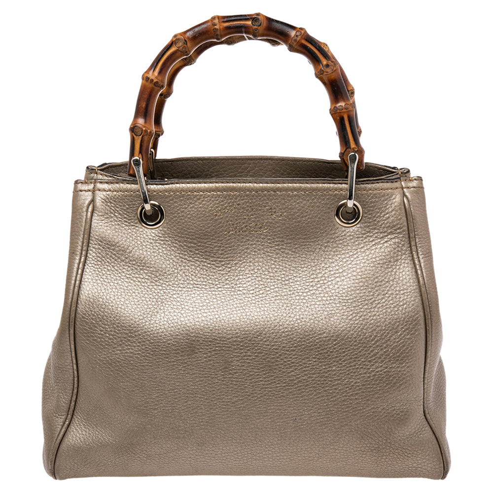 Luxury Gucci Metallic Gold Leather Bamboo Top Handle Shopper Tote