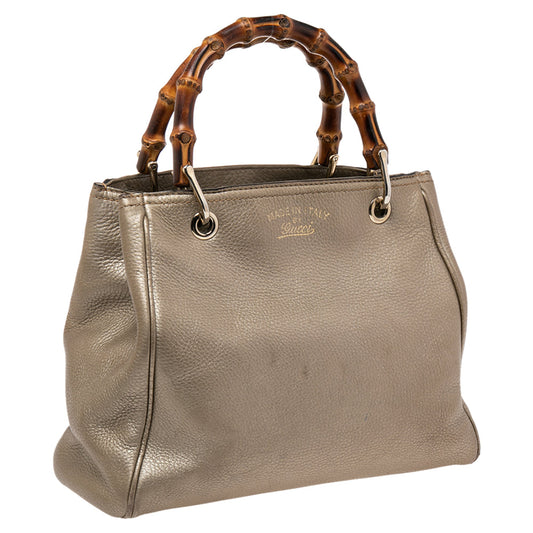 Luxury Gucci Metallic Gold Leather Bamboo Top Handle Shopper Tote