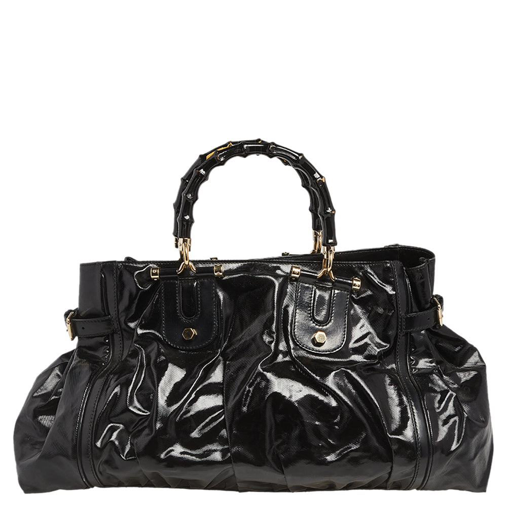 Luxury Gucci Black Coated Canvas and Leather Dialux Pop Bamboo Satchel