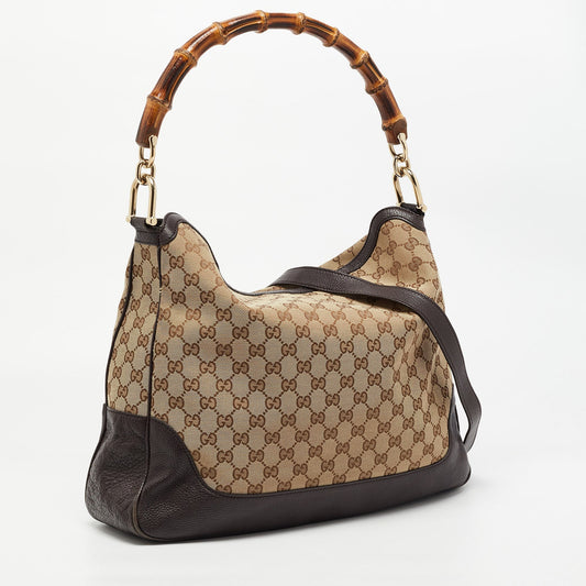 Luxury Gucci Beige/Ebony GG Canvas and Leather Bamboo Shoulder Bag