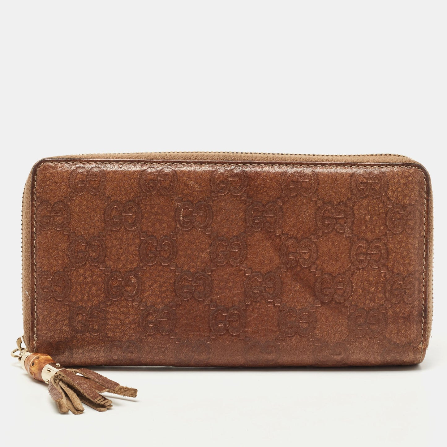Luxury Gucci Trending 2025 Brown ssima Leather Bamboo Tassel Zip Around Wallet