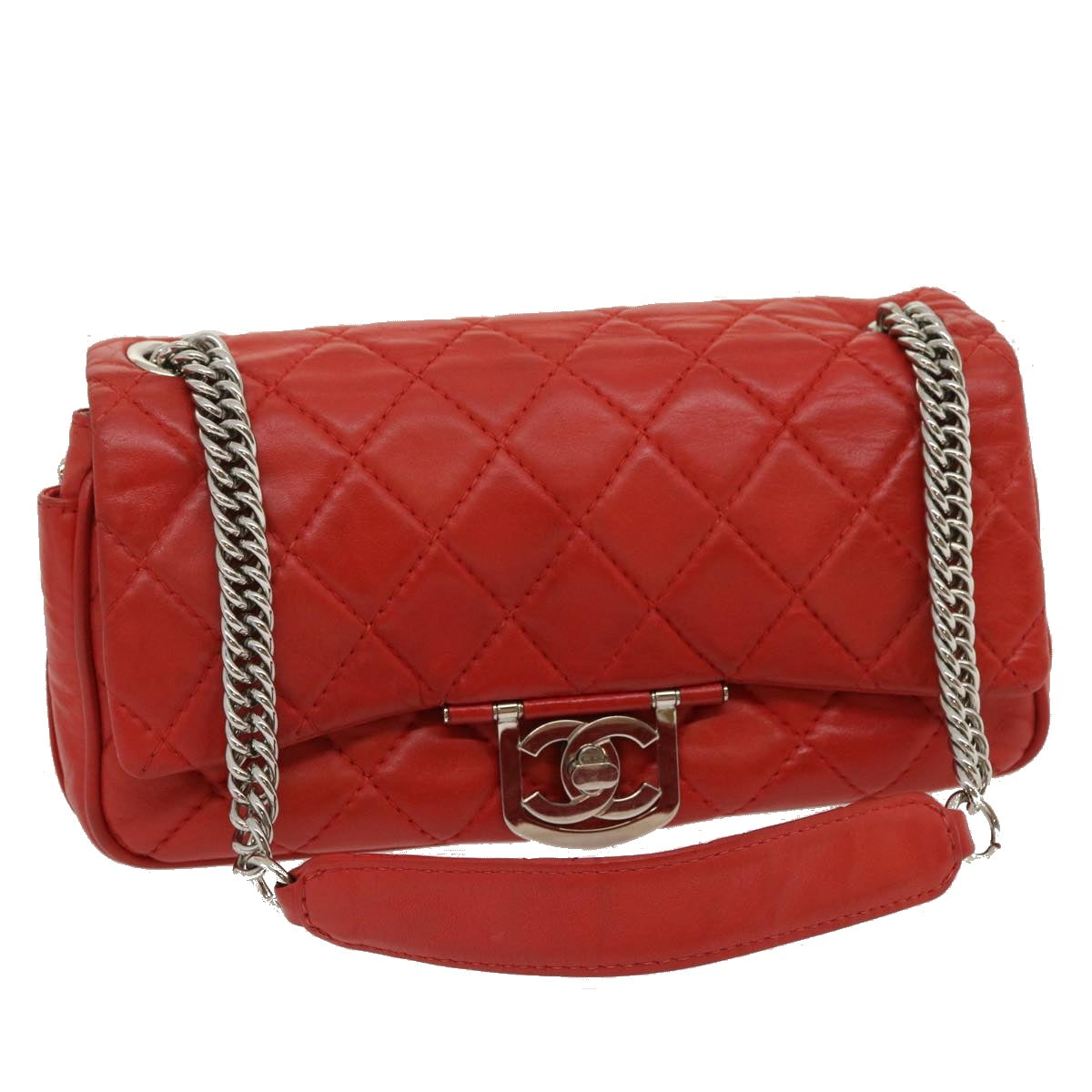 CHANEL Matelasse Chain Flap Shoulder Bag Lamb Skin Turn Lock Red CC  35174A