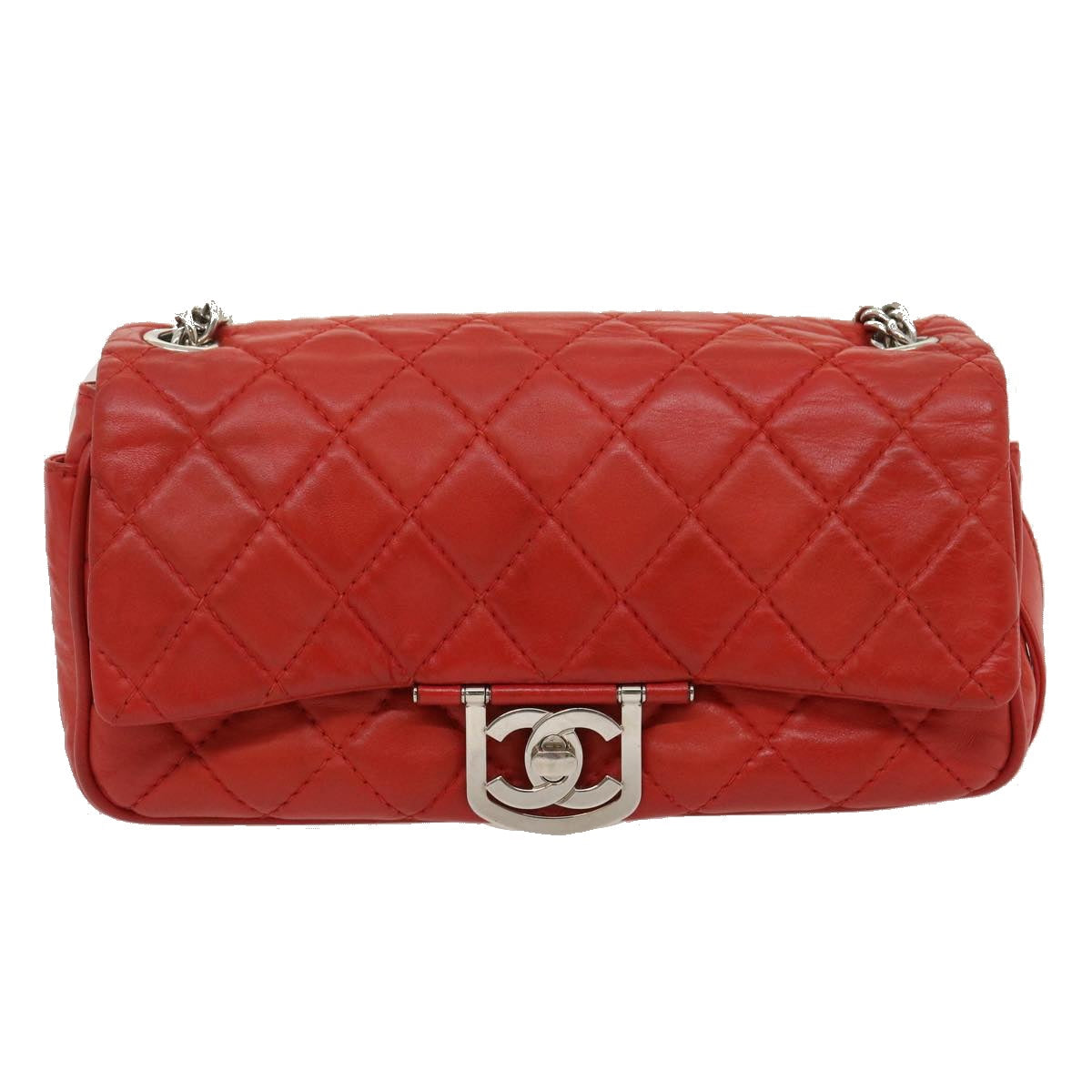 CHANEL Matelasse Chain Flap Shoulder Bag Lamb Skin Turn Lock Red CC  35174A