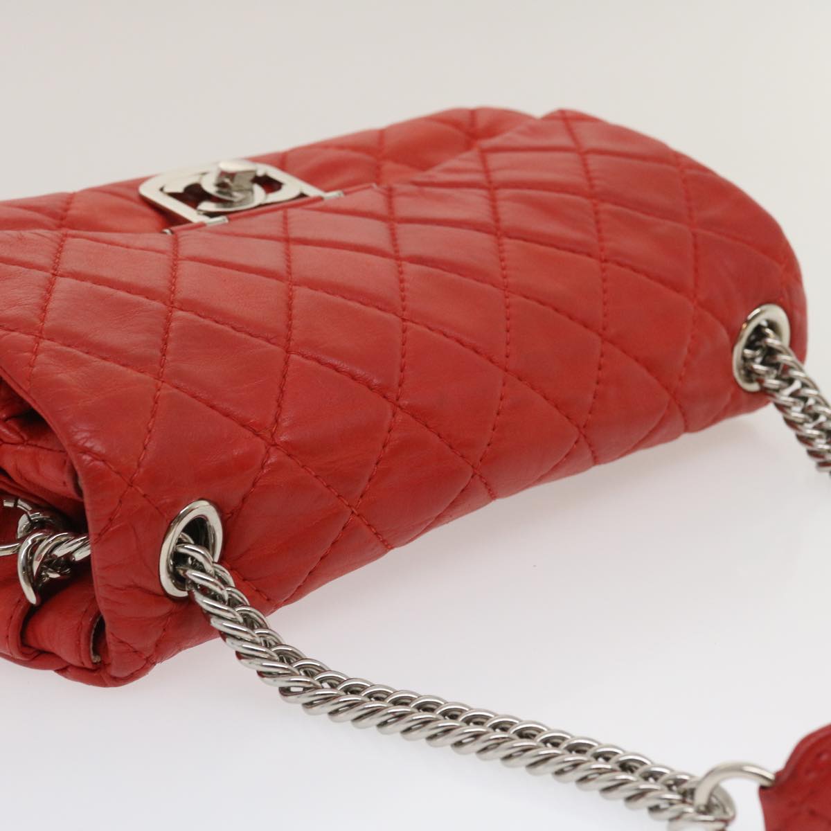 CHANEL Matelasse Chain Flap Shoulder Bag Lamb Skin Turn Lock Red CC  35174A