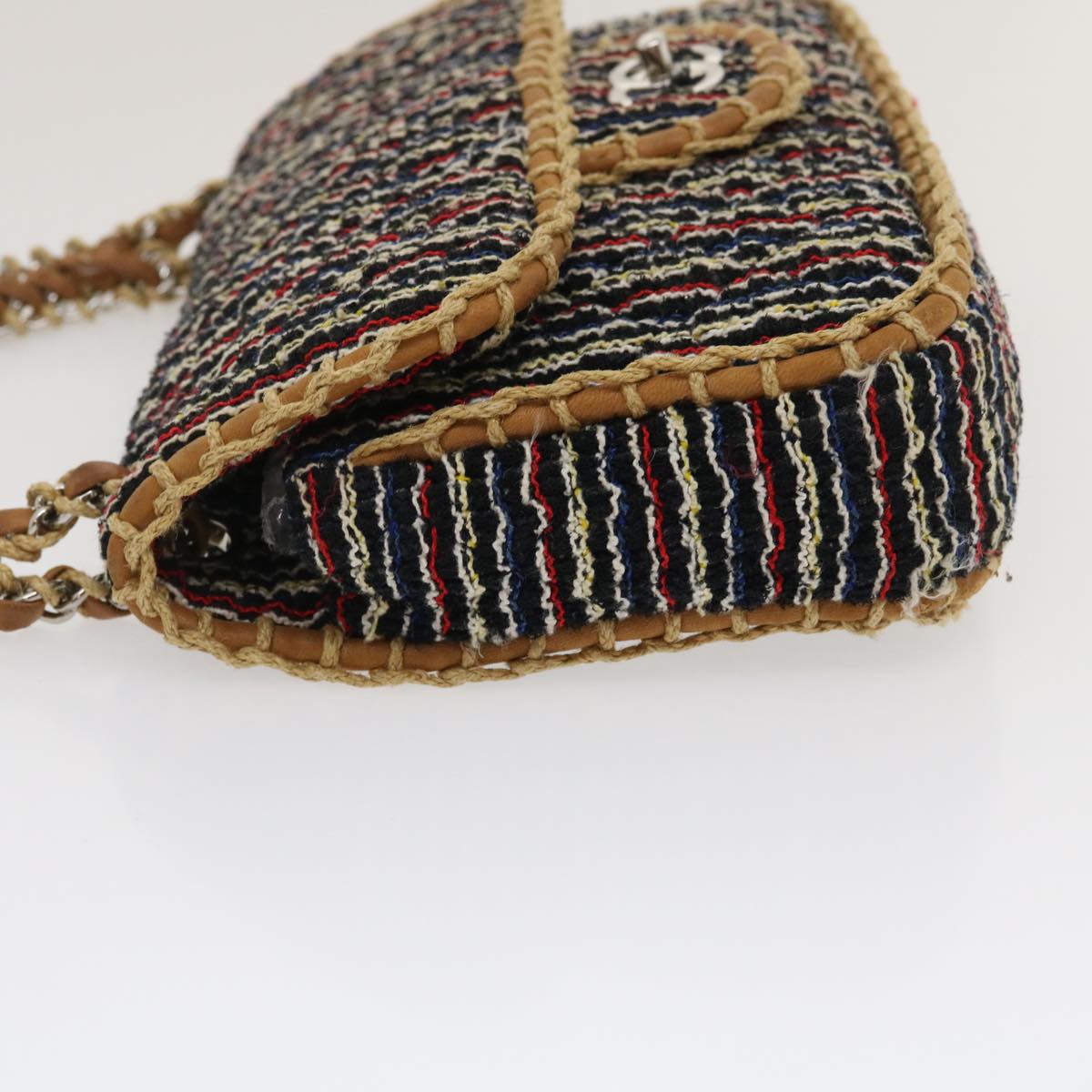 Luxury Chanel Matelasse Tweed Turn Lock Chain Shoulder Bag Navy Brown CC  nh616A